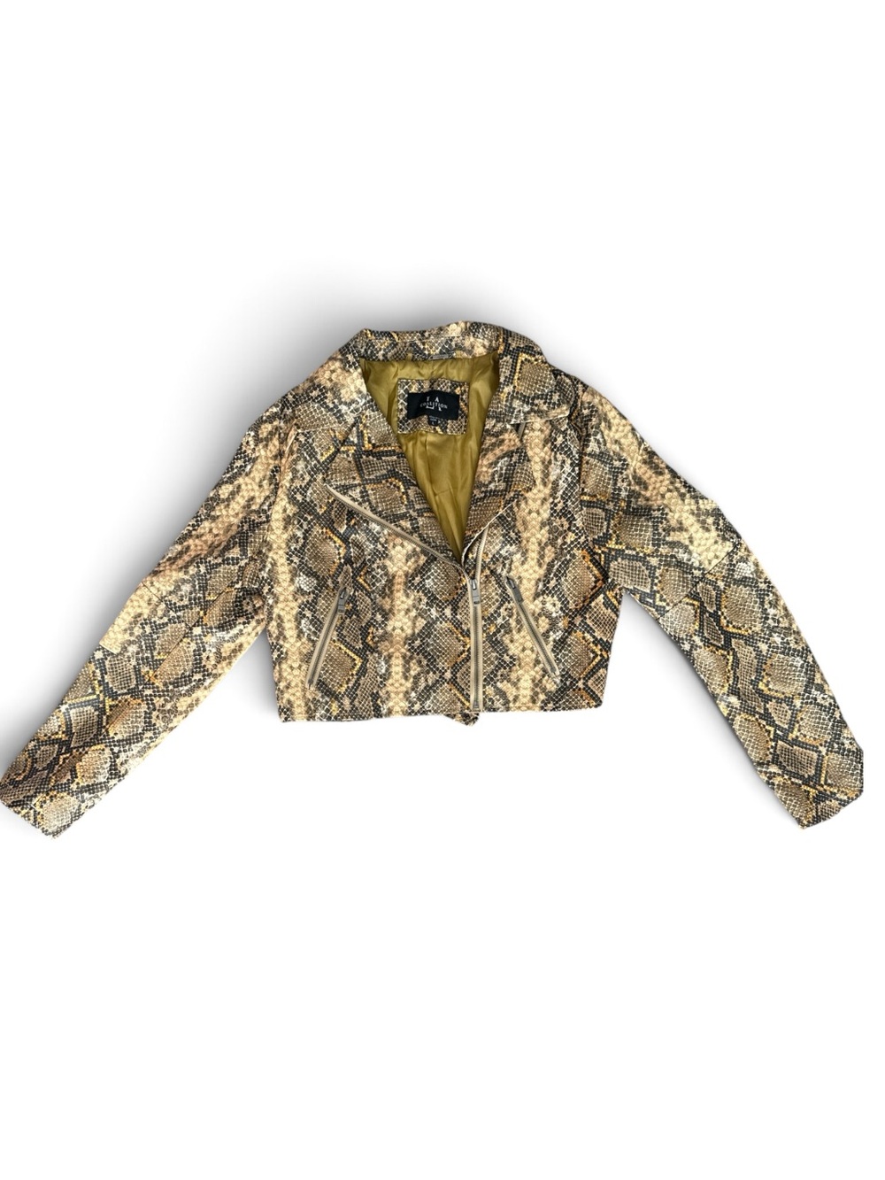 LA Coalition Yellow Snake-Print Faux Leather Jacket Cropped Moto Jacket (L) - Picture 3 of 9